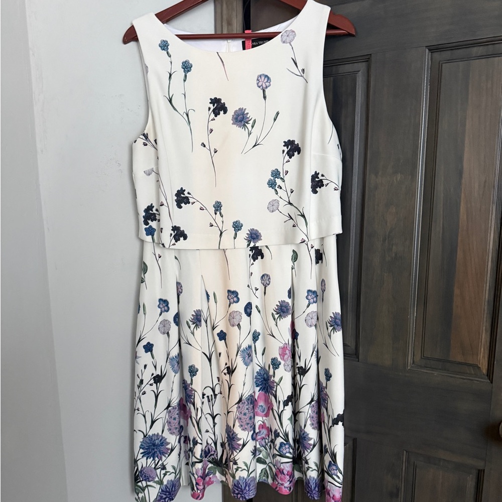 Ivanka Trump White Midi Dress with Blue and Pink Floral Print